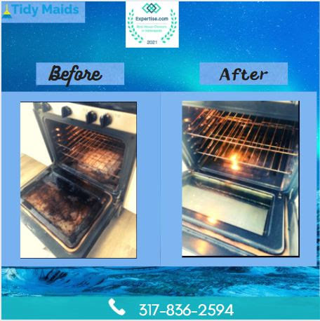 A dirty oven before and a spotless oven after professional cleaning by Tidy Maids Clean in Indianapolis, IN.