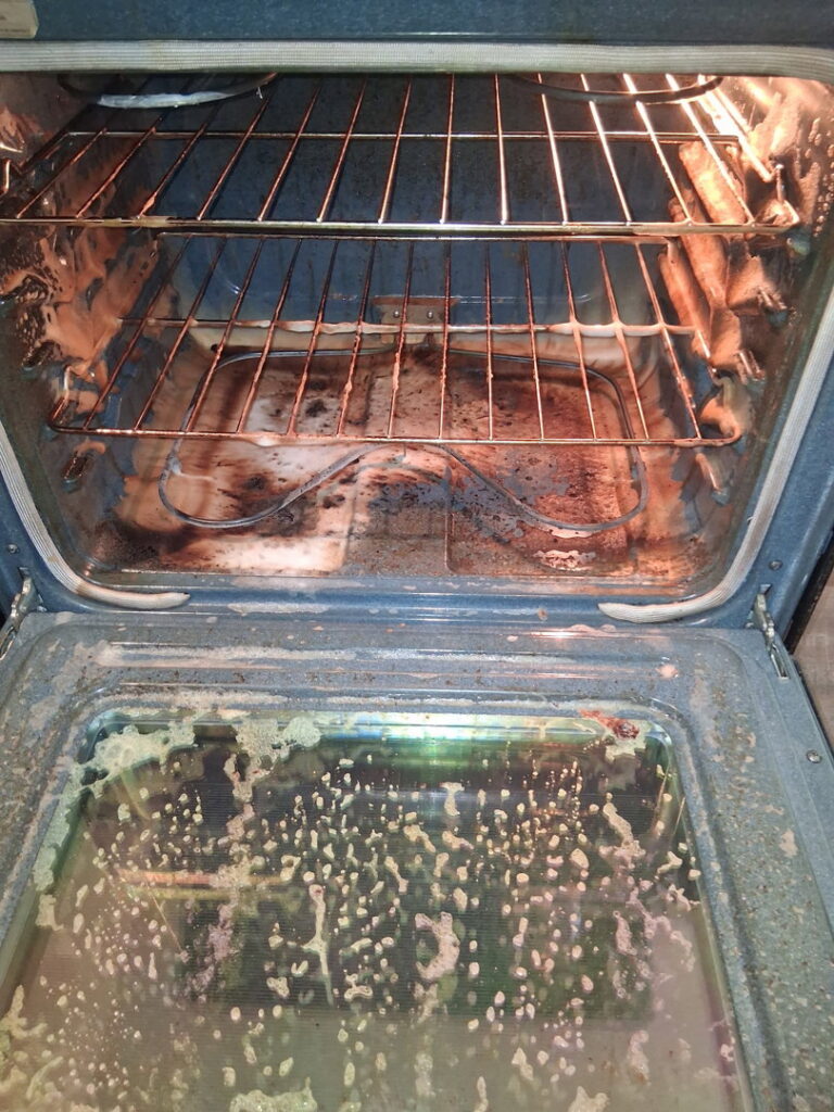 An oven interior with cleaning solution applied to the door and racks, showing the cleaning process by CleanSlate Cleaning Company in Lansing, MI.