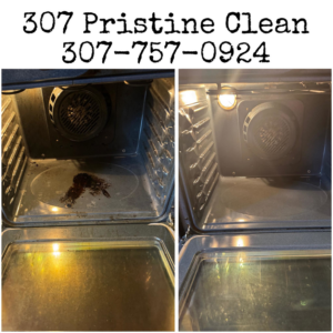 A before and after comparison showing a dirty oven transformed into a sparkling clean oven by 307 Pristine Clean in Cheyenne, WY.