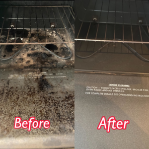 Before and after comparison of a deep cleaned oven by Brittany's Cleaning Service in Fort Deposit, AL