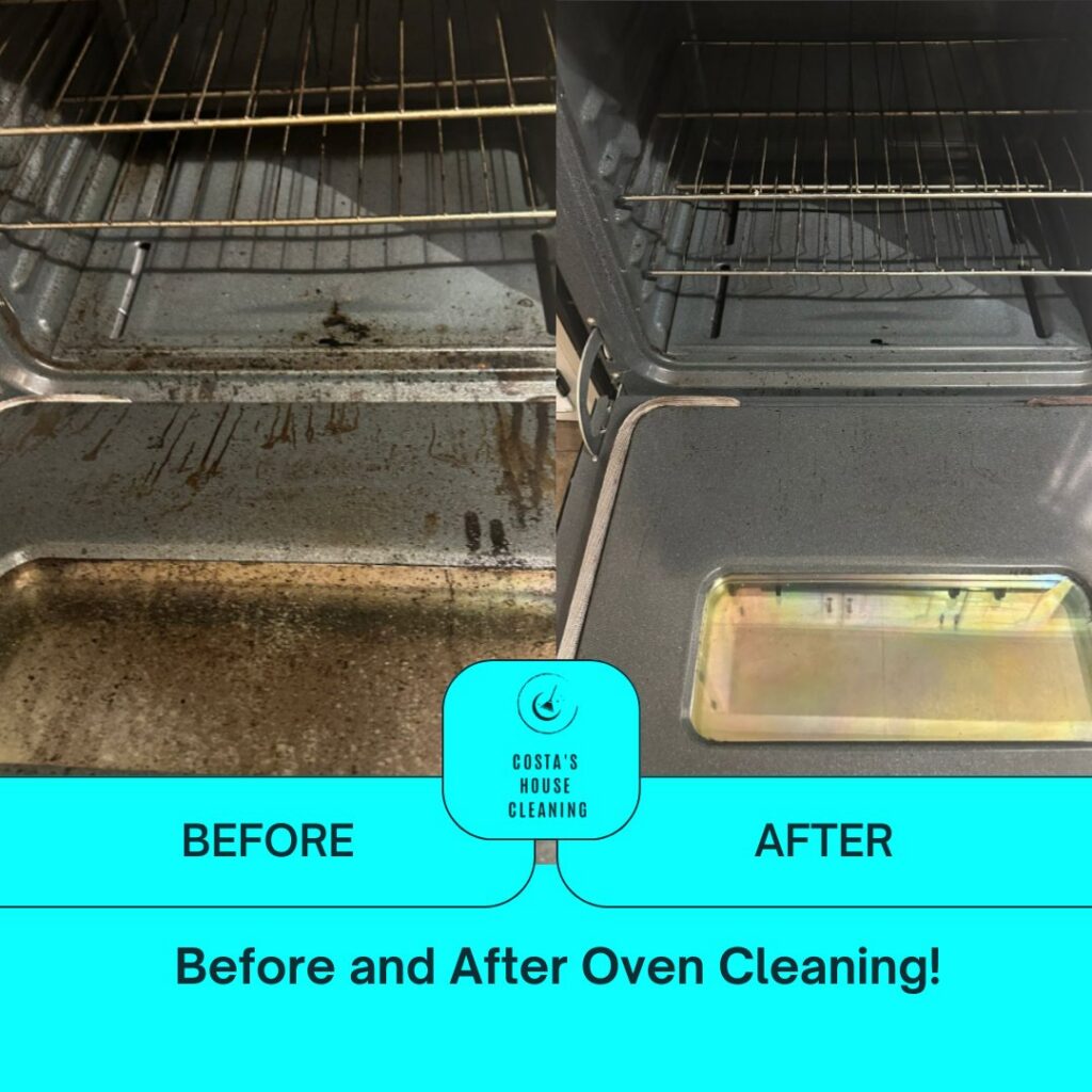 Before and after of a dirty oven interior cleaned by Costa cleaning services in Salisbury, MD.