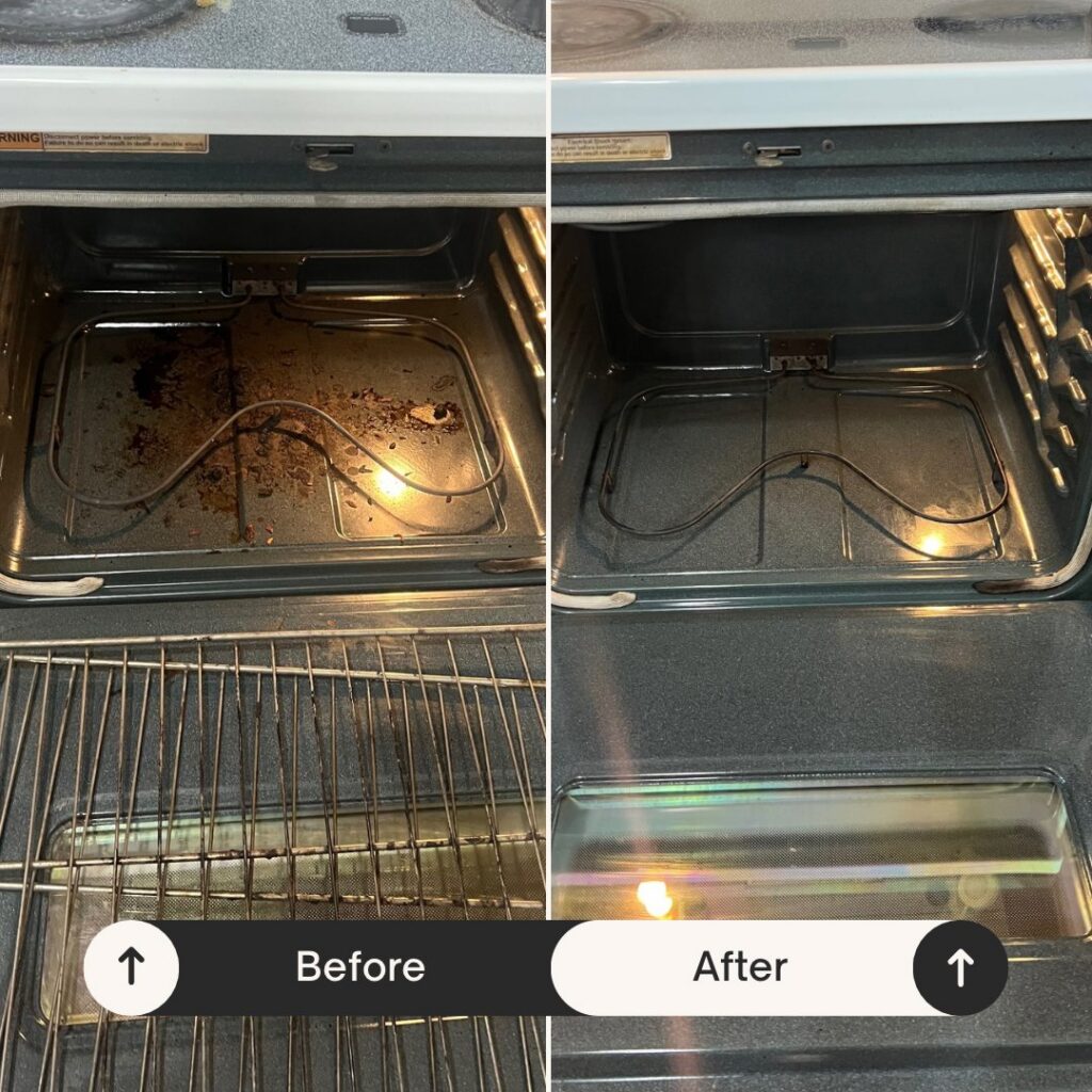 A before and after view of a dirty oven interior meticulously cleaned by JBO Cleaning Services in Belle Chasse, LA.
