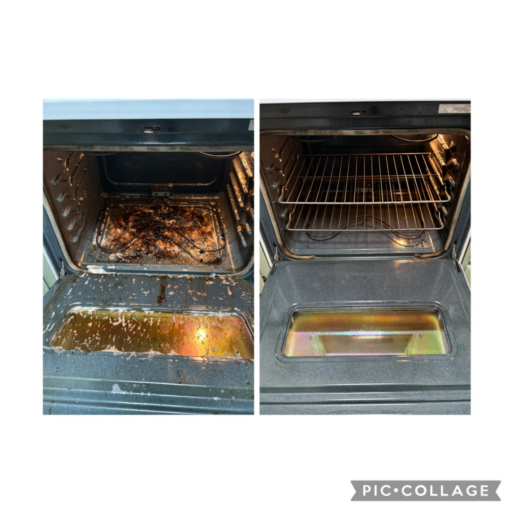 Before and after comparison of a professionally cleaned oven by Lavender & Lux Cleaning LLC in Wasilla, AK