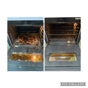 Before and after comparison of a professionally cleaned oven by Lavender & Lux Cleaning LLC in Wasilla, AK