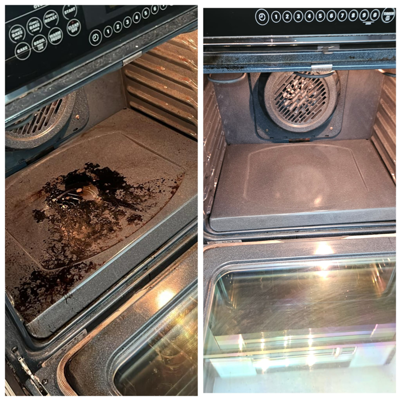 A before and after comparison showing a dirty oven transformed into a sparkling clean oven by mightycleancleaningservice in Miami, FL.