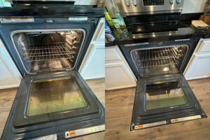 Before and after comparison of a dirty oven interior cleaned by Olivia Cleaning Services in Fort Worth, TX