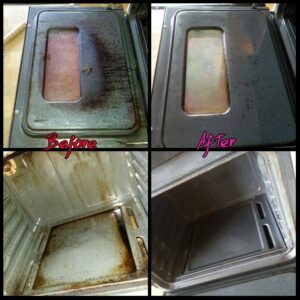 Before and after photos of an oven cleaning service by TAG Team Cleaning of West Hartford, CT