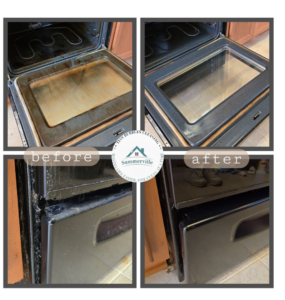 Before and after comparison of a dirty oven transformed by Tiny Bubbles Cleaning in Summerville, SC.