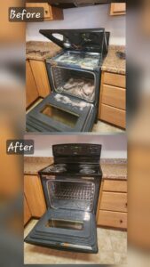 Before and after of a thoroughly cleaned oven by Wisconsin Cleaners LLC in Green Bay, WI, showcasing professional results.