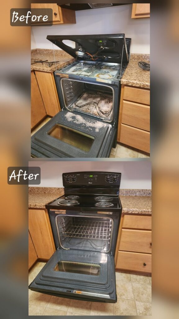 Before and after of a thoroughly cleaned oven by Wisconsin Cleaners LLC in Green Bay, WI, showcasing professional results.
