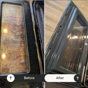 Before and after comparison of a dirty oven door transformed by Optima Clean's deep cleaning service in Ogden, UT