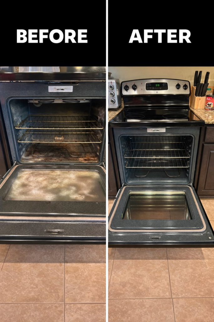 Before and after deep cleaning of a kitchen oven by Ríos cleaning services in Greeley, CO, showing excellent results.