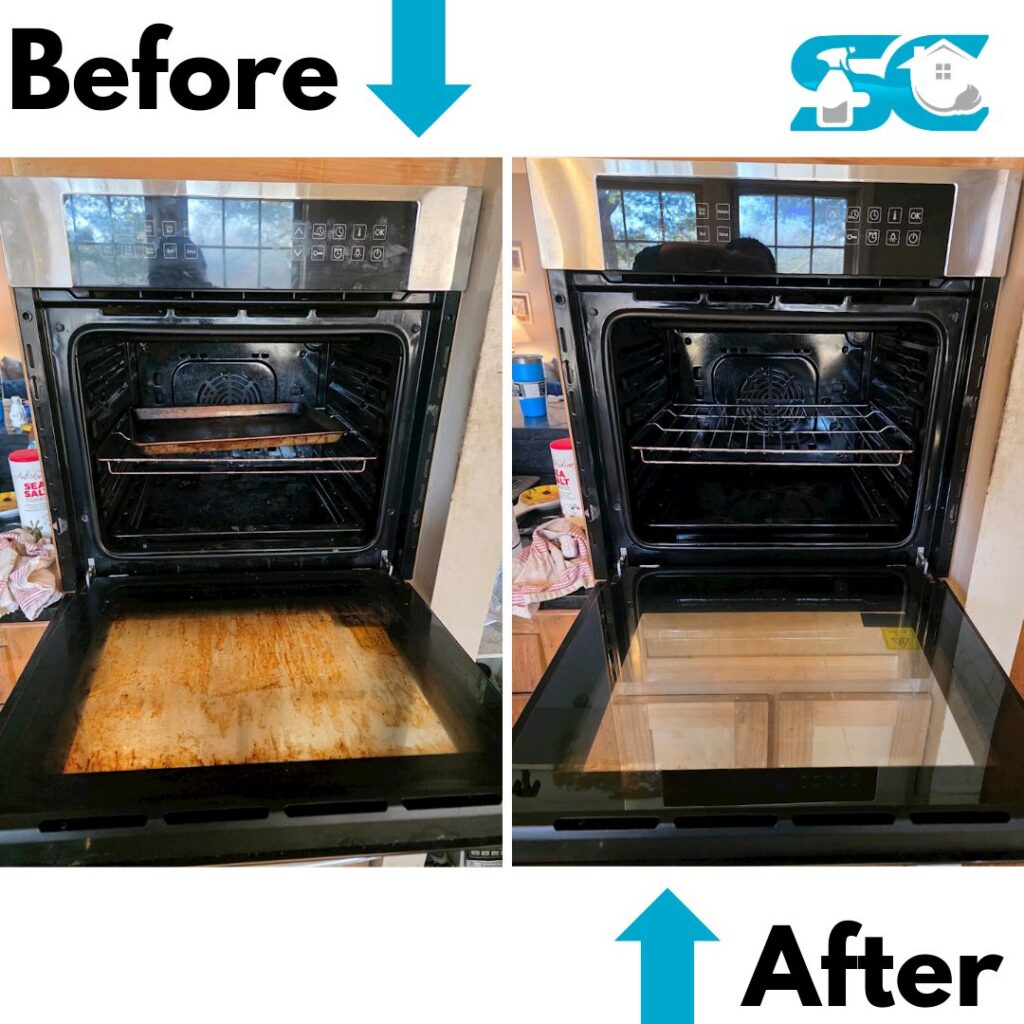 A before and after comparison showing a spotless oven interior and door glass after cleaning by So Clean Cleaning Services in East Providence, RI.