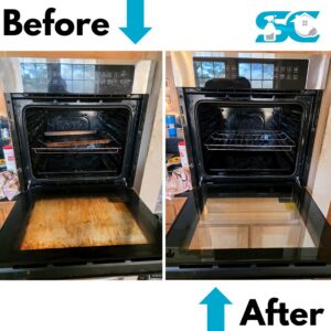 Before and after comparison of a dirty oven glass and interior cleaned by So Clean Cleaning Services in East Providence, RI