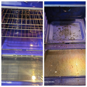 A before and after comparison showing a dirty oven interior transformed into a spotless one by Five Stars Cleaning Services in Beaverton, OR.