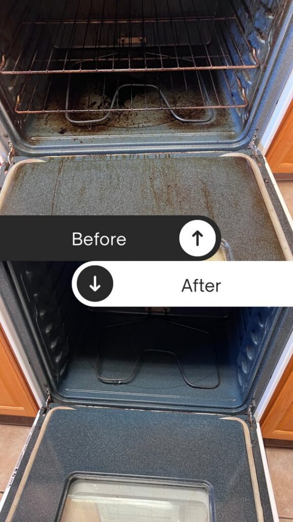 A before and after comparison showing a dirty oven interior transformed into a spotless one by JBO Cleaning Services in Belle Chasse, LA.
