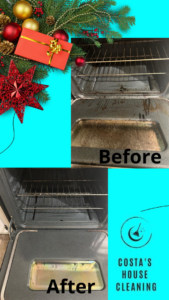 Before and after of a dirty oven interior cleaned by Costa cleaning services in Salisbury, MD.