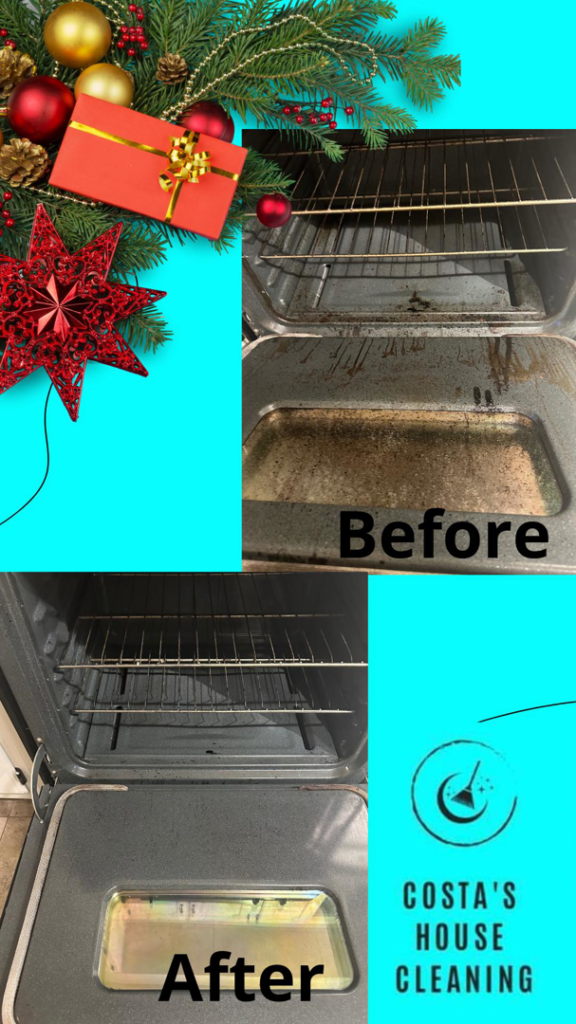 Before and after of a dirty oven interior cleaned by Costa cleaning services in Salisbury, MD.