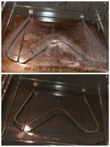 Before and after comparison of a dirty oven interior, showing professional cleaning results by Jessie Clean in Indianapolis, IN.