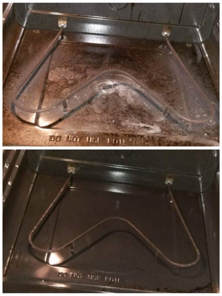 Before and after comparison of a dirty oven interior, showing professional cleaning results by Jessie Clean in Indianapolis, IN.