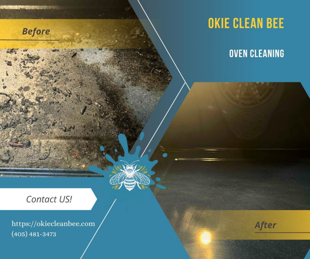 A before and after comparison of a thoroughly cleaned oven interior by Okie Clean Bee in Tulsa, OK