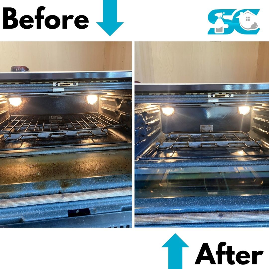 Before and after comparison of a dirty oven interior transformed by deep cleaning from So Clean Cleaning Services in East Providence, RI