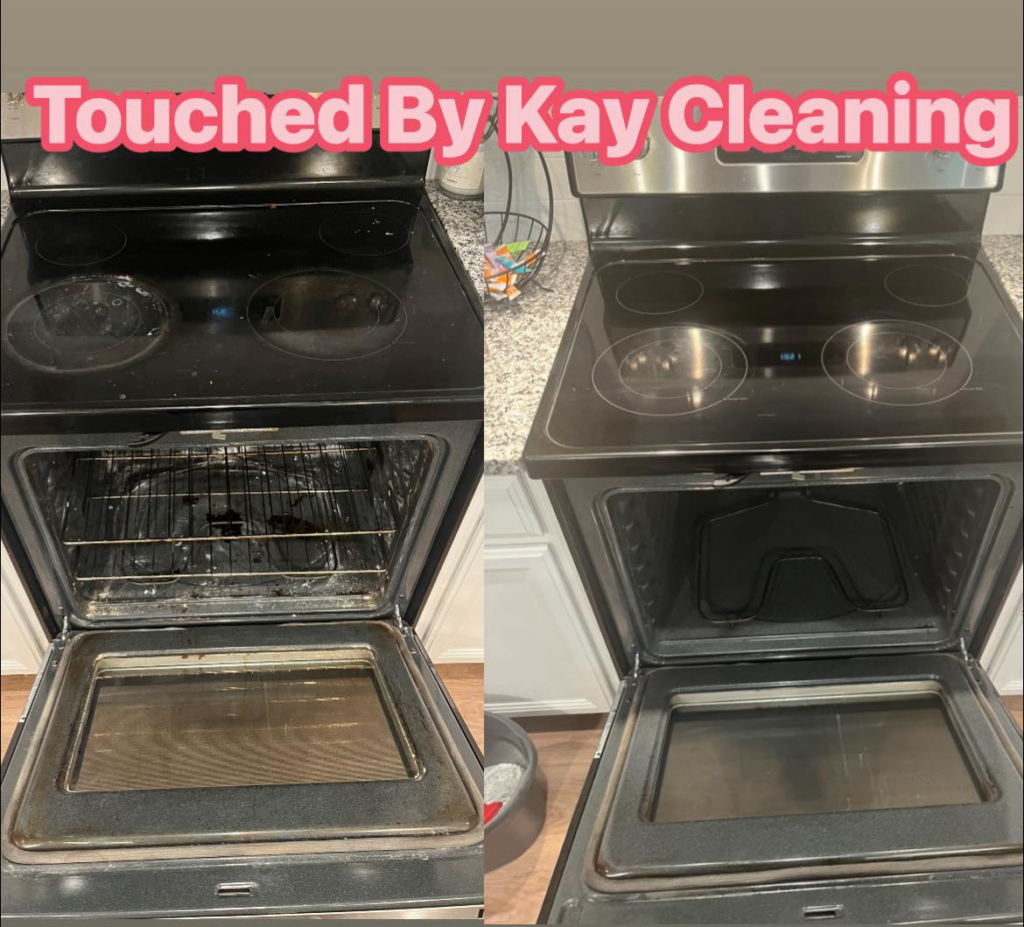 A before and after view of a dirty oven and stovetop, now sparkling clean after service from Touched By Kay Cleaning Services in Pittsburgh, PA.