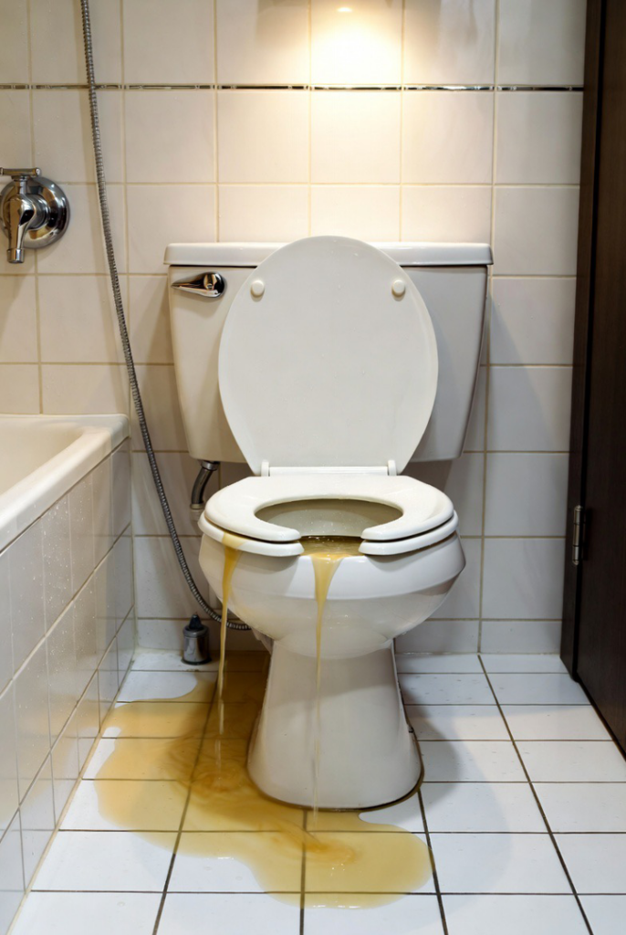 An overflowing toilet with dirty water spilling onto the bathroom floor, a common water damage scenario for Cowboy Certified Plumbing & Water Cleanup in Lee's Summit, MO.