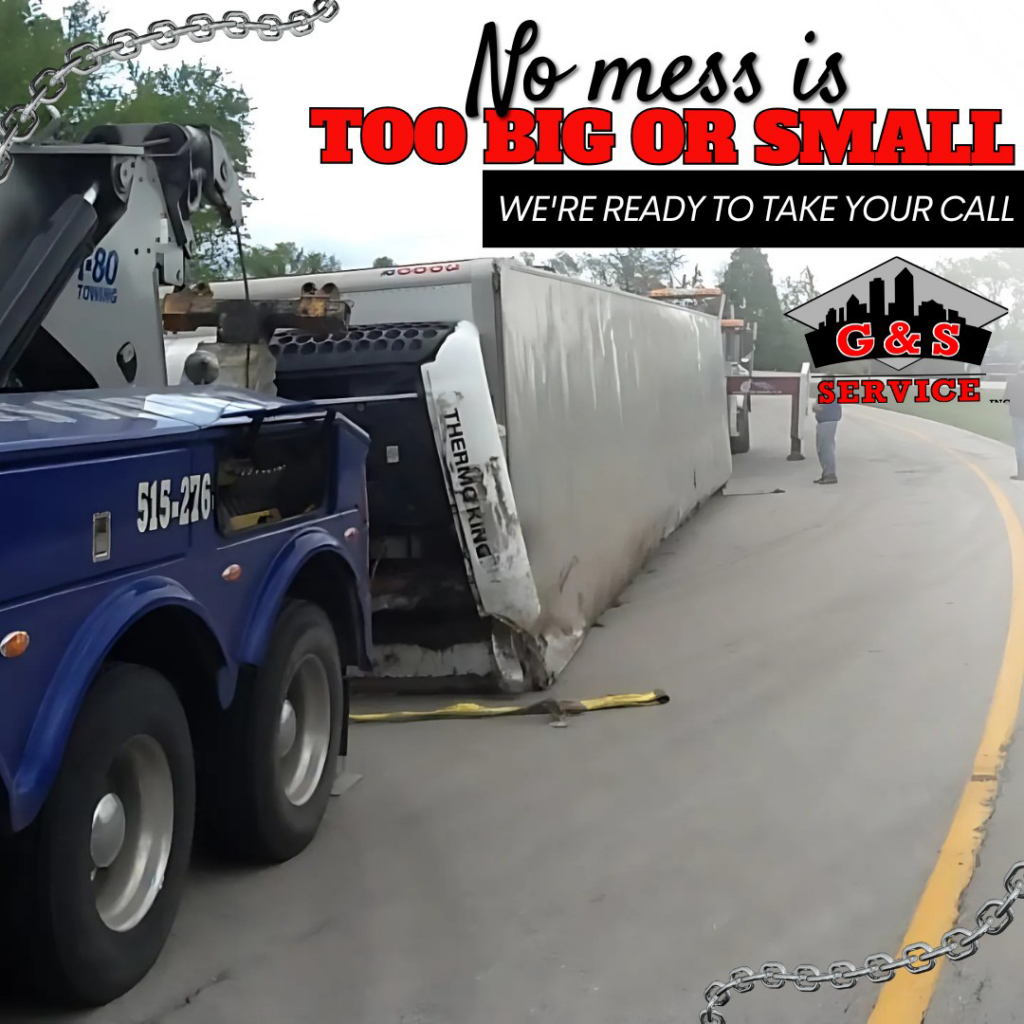 G & S Towing Service, Inc. performing heavy-duty recovery of an overturned semi-trailer in Des Moines, IA.