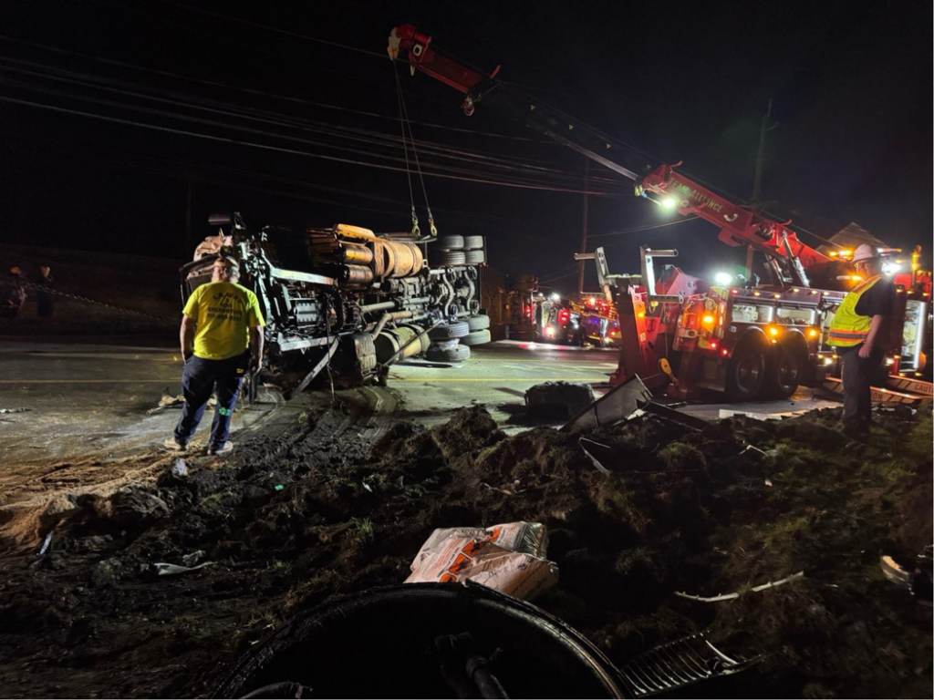 Alliance Towing crew recovering an overturned semi-truck from the roadside in Lancaster, PA.