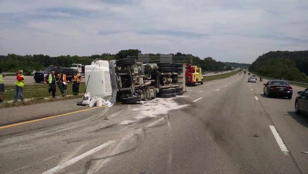 Bevis Towing performing an overturned semi-truck recovery on the side of a highway in Cincinnati, OH.