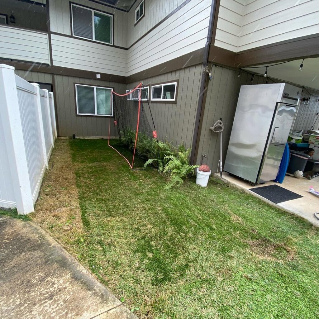 A side yard lawn with some patchy and dry areas, indicating a need for professional lawn care from LTN Yard Services LLC in Kaneohe, HI.