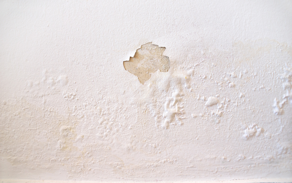 Peeling paint and water stains on a wall, indicating water damage, addressed by Robillard Plumbing in Maple Grove, MN.