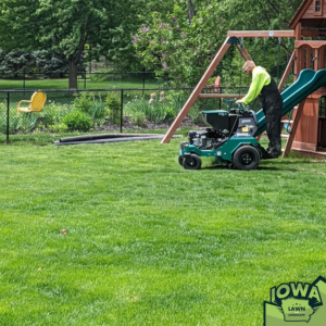 A person operating a walk-behind aerator on a residential lawn for Iowa Lawn and Landscape LLC in Des Moines, IA.