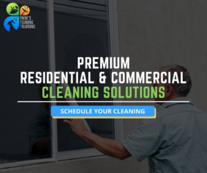 A person cleaning an exterior window as part of residential cleaning by Paynes Cleaning Solutions in Charlotte, NC