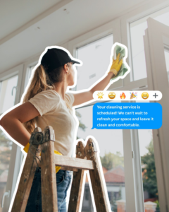 A professional cleaner on a ladder cleaning a window for Mid Atlantic Maid Service of Richmond, VA.