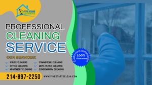 A person in gloves cleaning a window with a squeegee, demonstrating services by Five Stars Cleaning in Dallas, TX