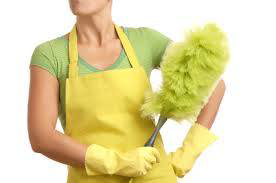 A cleaner wearing an apron and gloves, holding a feather duster for The Cleaning Crew in Syracuse, NY.