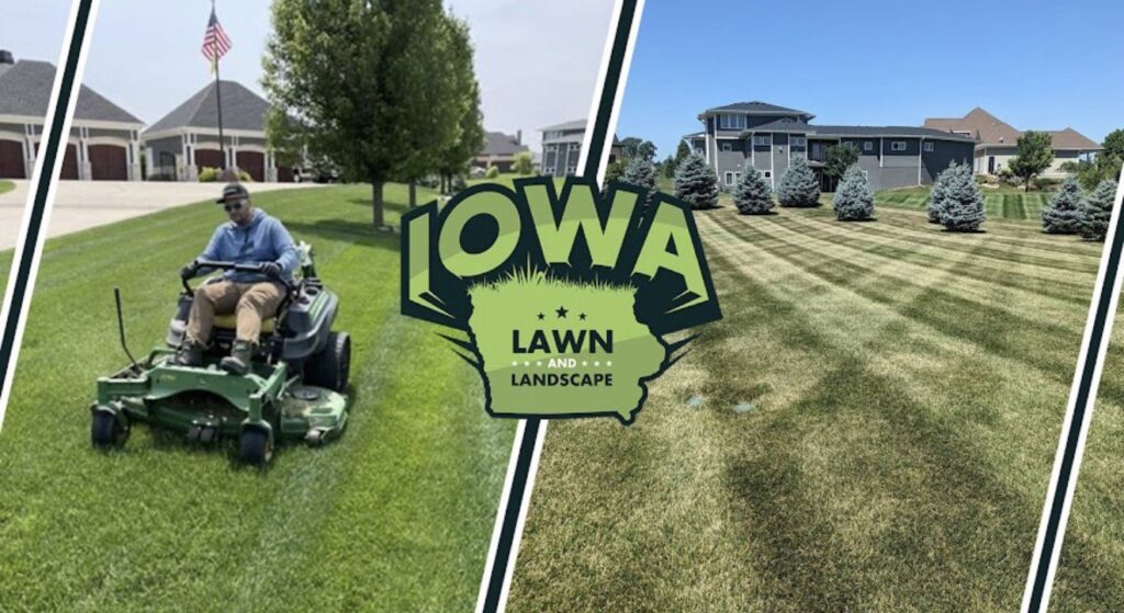 A split image showing a person mowing a lawn and a perfectly striped lawn by Iowa Lawn and Landscape LLC in Des Moines, IA.