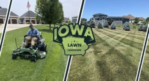 A split image showing a person mowing a lawn and a perfectly striped lawn by Iowa Lawn and Landscape LLC in Des Moines, IA.