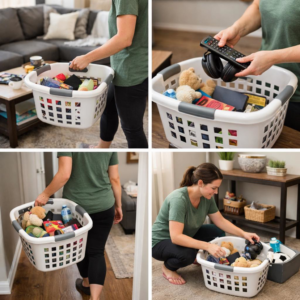A person organizing household clutter into a basket, demonstrating tidying services by CleanSlate Cleaning Company in Lansing, MI.