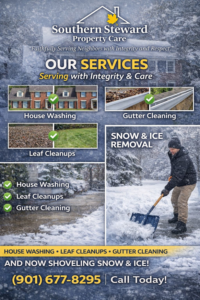 A person shoveling snow and ice from a pathway, demonstrating snow removal by Southern Steward Property Care in Hernando, MS.