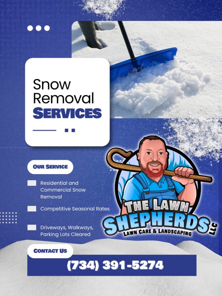 A person actively shoveling snow, demonstrating snow removal services by The Lawn Shepherds in Westland, MI.