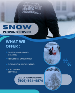 A person operating a snow blower to clear a snowy driveway for MZ Landscaping LLC in Yakima, WA.