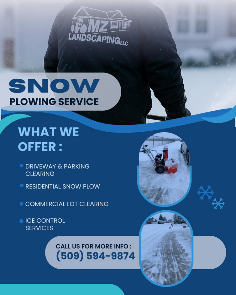 A person operating a snow blower to clear a snowy driveway for MZ Landscaping LLC in Yakima, WA.