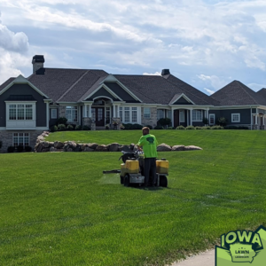 A person operating a ride-on sprayer to treat a large lawn for Iowa Lawn and Landscape LLC in Des Moines, IA.