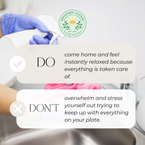 A person wearing blue gloves sprays cleaning solution into a sink, demonstrating house cleaning by Maid by Lauren Cleaning Services in Fayetteville, AR.