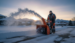 A person operating a snow blower to clear a driveway at sunset, provided by Denver Snow Removal in Denver, CO.