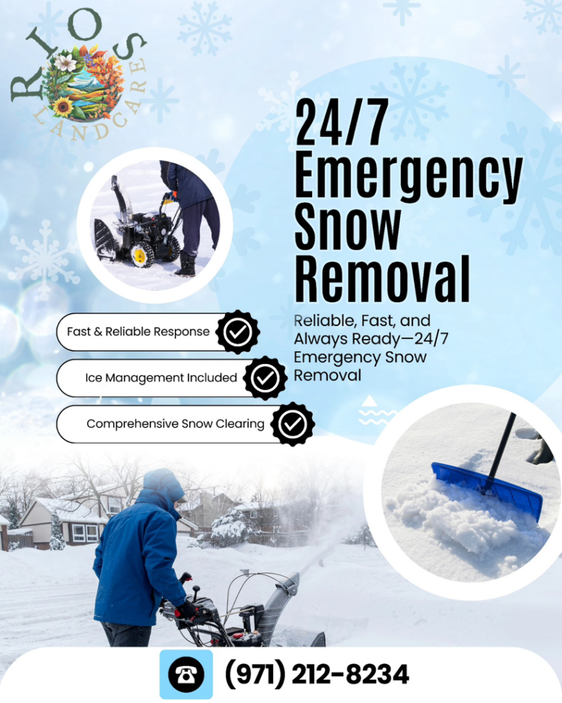 A person using a snow blower for emergency snow removal services by RIOS Landcare, LLC in Salem, OR.