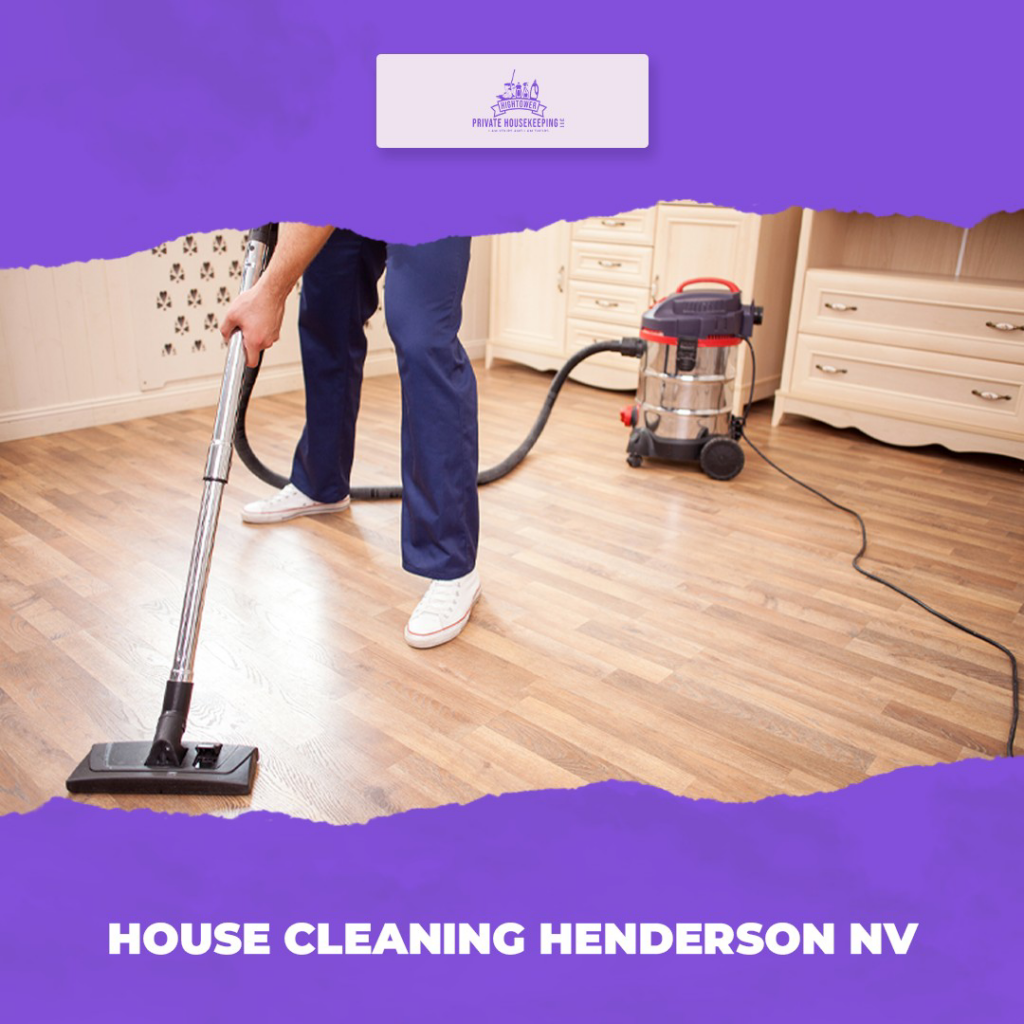 A person vacuuming a hardwood floor with a powerful vacuum cleaner for Hightower Private Housekeeping in Henderson, NV.
